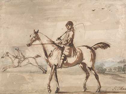 马和骑手在丘陵地带向左行走`Horse and Rider Walking to Left in a Hilly Landscape by Peter Tillemans