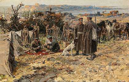 索非亚第一骑兵团在萨罗斯湾的宿营地`Biwak des ersten Kavallerie~Regiments Sofia am Golf von Saros (1914) by Jaroslav Věšín