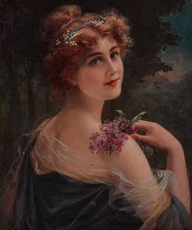 带着丁香花枝的年轻女子`Young Woman with a Sprig of Lilac by Emile Vernon