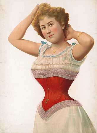一名女子身穿红色紧身胸衣，双臂举过头顶，炫耀着紧身胸衣和身材`Woman wearing a red corset with her arms raised to her head, showing off the corset and her shape (1899) by F. B. Patterson