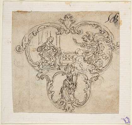这是一款卡图车的设计，上面有一个年鉴，下面有一个带杖的跪着的人物`Design for a Cartouche with an Annunication above and a Kneeling Figure with Staff Below (1652–1725) by Giovanni Battista Foggini