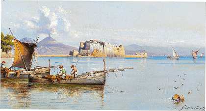 那不勒斯湾的渔民，背景是维苏威火山`Fishermen in the Gulf of Naples, Vesuvius in the background by Giuseppe Carelli