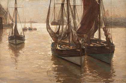 港内船只`Boats in the harbour by Erwin Carl Wilhelm Günther