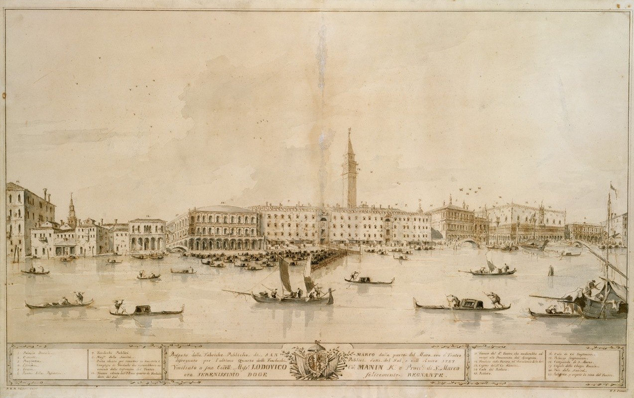 圣马可河畔的威尼斯全景，包括拟建的蒂特罗马宁项目`Panorama of Venice from the Bacino di San Marco, Including the Project for the Proposed Teatro Manin (ca. 1788–93) by Francesco Guardi