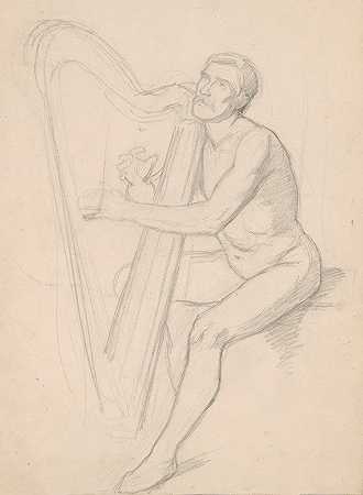 裸体男性对这幅画的研究大卫王弹琴`Nude male study to the painting King David playing the harp (1855) by Józef Simmler