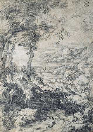 以利亚和天使在何烈山上的风景`Landscape with Elijah and the Angel on Mount Horeb (1660) by Gaspard Dughet