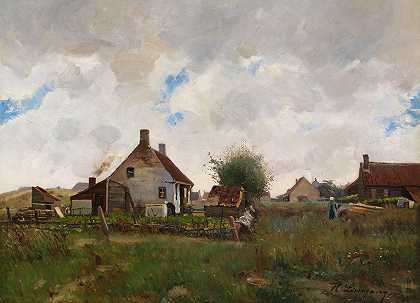 农舍景观`Landschaft mit Bauernhäusern (1884) by Helmuth Liesegang