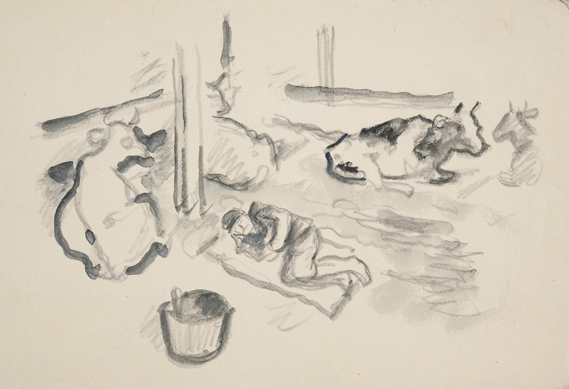 在谷仓里有四头牛和一个熟睡的士兵`Wnętrze obory z czterema leżącymi krowami i śpiącym żołnierzem (1915~1940) by Ivan Ivanec