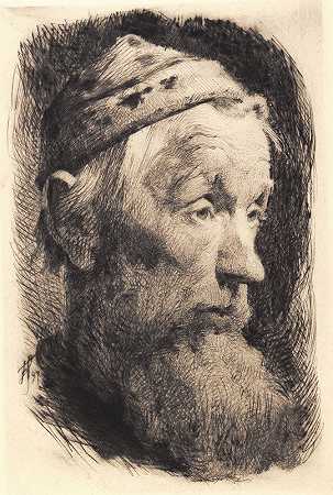 戴着白色羊毛帽的老人，侧面靠右`Gammel mand med hvid ulden hue, profil mod højre (1896 ~ 1897) by Frans Schwartz