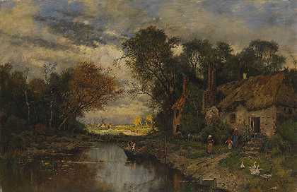 运河上的田园诗`Idyll am Kanal (1900) by Karl Heffner