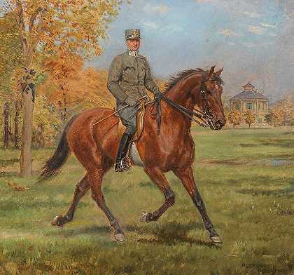 在普拉特的勒斯特豪斯前面骑马的士兵`Soldat zu Pferd vor dem Lusthaus im Prater by Alexander Pock