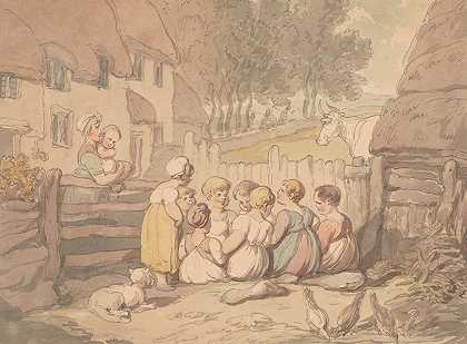 德文郡小屋外的孩子们`Children outside cottage, Devon (ca. 1780–1825) by Thomas Rowlandson