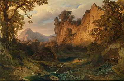 黄昏中的浪漫风景`Romantische Landschaft im Abendlicht (1859) by Edmund Von Wörndle