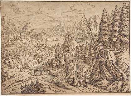 道路上有游客的山地景观`Mountainous Landscape with Travelers on a Road (1616) by Tobias Verhaecht