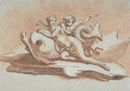 海豚身上的海仙女和海卫一`A Sea Nymph and a Triton on a Dolphin (18th century) by Peter Anton von Verschaffelt