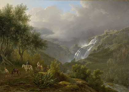 蒂沃利的瀑布，暴风雨即将来临`The Cascades at Tivoli, with a Storm Approaching (1824) by Abraham Teerlink
