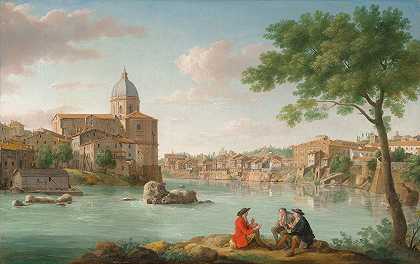罗马台伯河畔的佛罗伦萨圣乔瓦尼教堂`The Church Of San Giovanni Dei Fiorentini, On The Tiber, Rome (1730) by Hendrick Frans van Lint