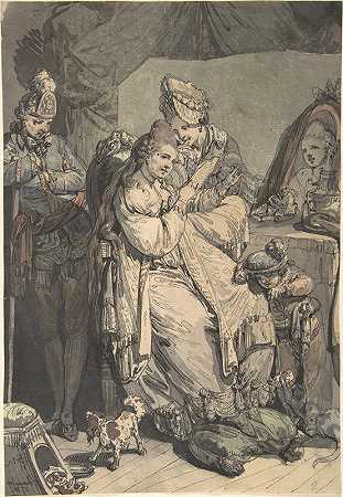 一个女人和一个女佣、一个男孩、一条狗和一个年轻的士兵在厕所里`A Woman at her Toilet with a Maid, a Boy, a Dog and a Young Soldier (1770) by Johann Eleazar Schenau