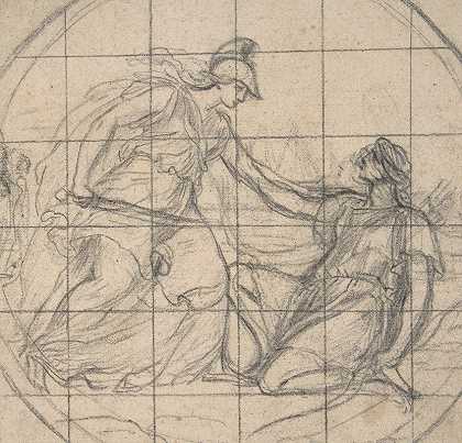 设计奖章跪在手持武器的女神面前的女猎手`Design for a Medallion; Huntress Kneeling before an Armed Goddess (17th century) by Eustache Le Sueur