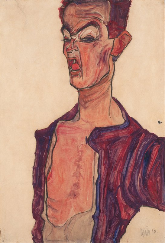 自画像，扮鬼脸`Self~Portrait, Grimacing (1910) by Egon Schiele
