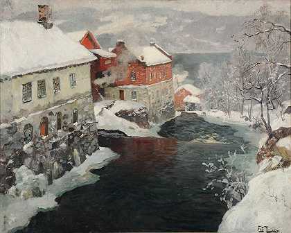 挪威的工厂，梅斯马河上的两个磨坊`Fabriques en Norvège, les deux moulins sur la rivière Mesma (ca 1905) by Frits Thaulow