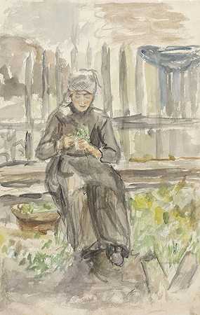 坐在花园里的女孩`Zittend meisje in een tuin (1834 ~ 1911) by Jozef Israëls