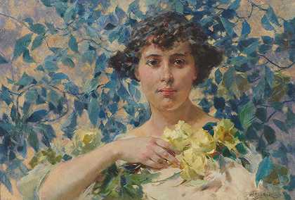 女人反对盛开的灌木`Woman against blossoming shrubs (1920) by Zdzisław Jasiński