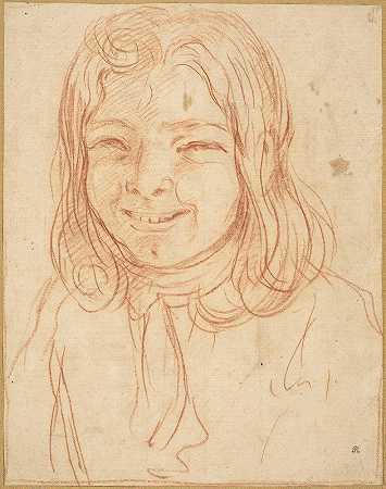 一个头发飘逸的微笑男孩`A Smiling Boy with Flowing Hair (c. 1700) by Italian 17th or 18th Century