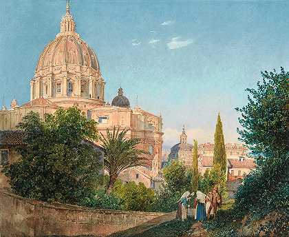 圣彼得来自梵蒂冈花园`St Peters From The Vatican Garden (1838) by Rudolf von Alt