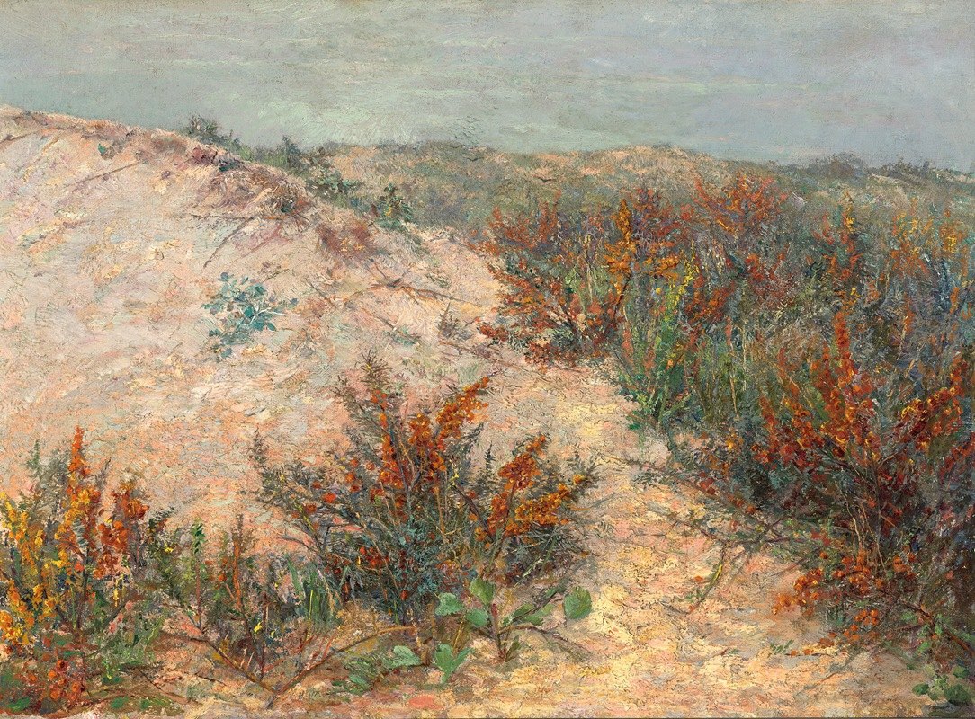 诺克附近有沙棘的沙丘`Dünen mit Stranddorn bei Knokke (1890) by Emilie Mediz-Pelik