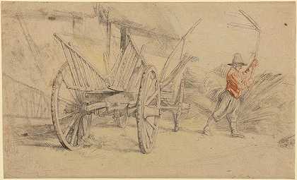 一个男人在马车旁打谷，身后是农舍`A Man Threshing Beside a Wagon, Farm Buildings Behind (1615–1617) by Peter Paul Rubens