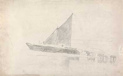 对有马和手推车的船的研究`Study of Boats with Horses and Carts by Cornelius Varley