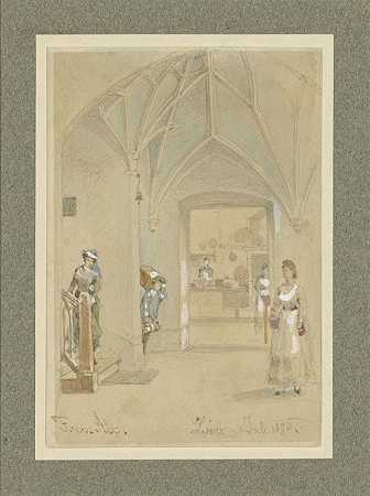走在一间小屋里，可以看到厨房`Gang van een Gasthaus met doorkijk in de keuken (1875) by Franz Alt