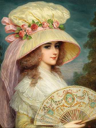戴着玫瑰帽和扇子的女士`A Lady with Rose Hat and Fan by Lucius Rossi