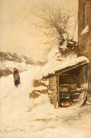 雪景中的农妇`Peasant woman in snowy landscape (1872) by Henri Joseph Marcette