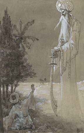 留着胡子的高个子男人俯视着一个坐着的男孩`Lange man met baard kijkt neer op een zittende jongen (1910) by H.C. Louwerse