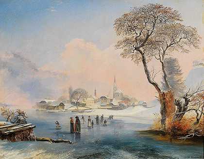 溜冰`Ice skating by Maria Wörth on Lake Wörthersee (1847) by Maria Wörth on Lake Wörthersee by Johann Werner