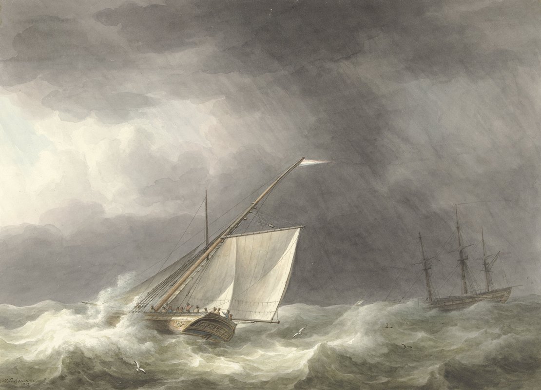 两艘帆船在汹涌的海上航行`Twee zeilschepen op woelige zee (1803) by Martinus Schouman