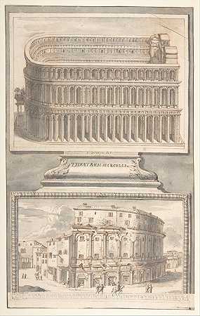 重建马塞勒斯剧院（上图）和废墟景观（下图）`Reconstruction of the Theatre of Marcellus (above) and a View of the Ruins (below) (before 1704) by Jan Goeree