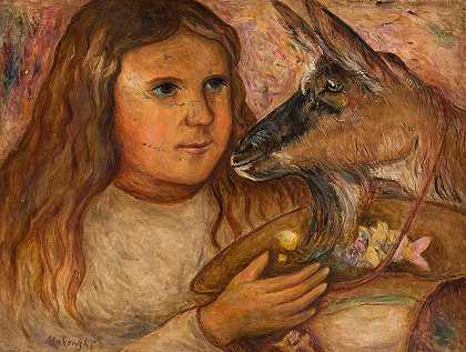 带山羊的小女孩`Little girl with a goat (1919) by Tadeusz Makowski