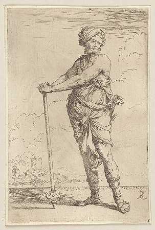 士兵站着双手拿着长矛`Soldier, Standing, Holding a Pike with Both Hands (1656 ~ 1657) by Salvator Rosa