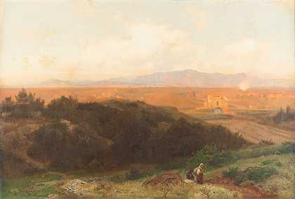 罗马平原上的日落`Sunset over the Roman Campagna (1862) by Carl Gustav Rodde