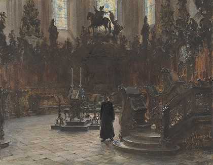 美因茨大教堂的唱诗班`The Choirstalls in the Mainz Cathedral (1869) by Adolph Menzel