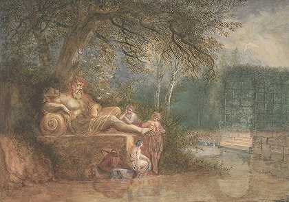 水边雕像旁的公园`A Park with Figures at a Statue near Water (1775) by Salomon Gessner