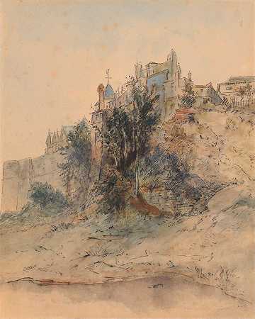 城墙城市景观`Paysage de ville avec remparts (before 1868) by Théodore Rousseau