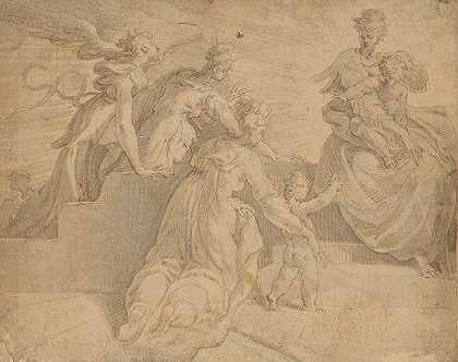 麦当娜和孩子，还有婴儿圣约翰，三个女人和一个天使`Madonna and Child with the Infant Saint John the Baptist, Three Women, and an Angel (mid 16th century) by Adriaan de Weerdt