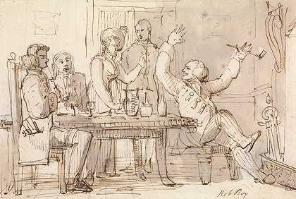 罗布·罗伊的插图在聚会上喝酒`An Illustration to Rob Roy; Interior with a Party Drinking by William Henry Pyne