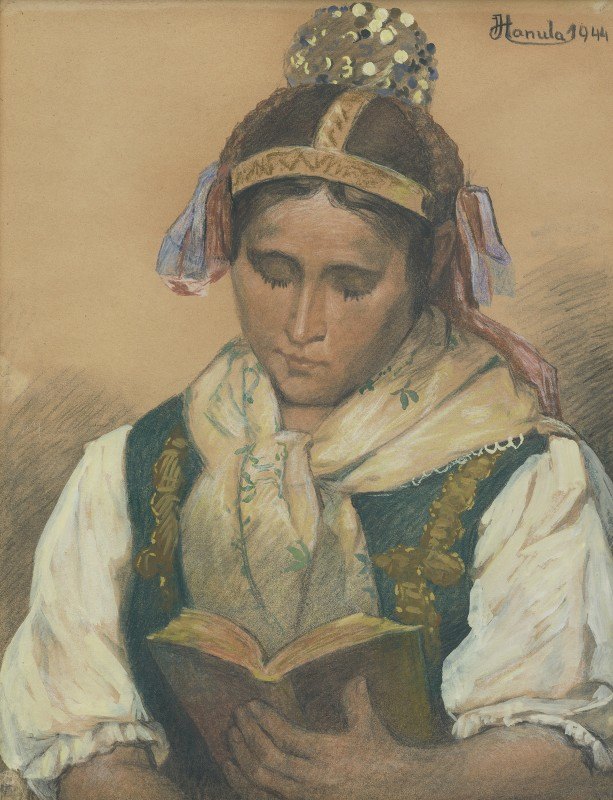 穿着传统服装阅读`Reading in traditional costume (1944) by Jozef Hanula