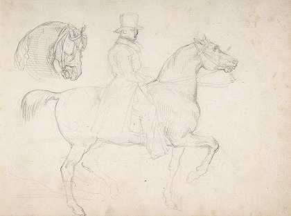 马背上的人和马的研究头`Man on Horseback, and Study of Horses Head (19th century) by Théodore Géricault