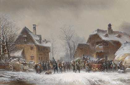 在一个冬季多雪的村庄里忙忙碌碌`Reges Treiben in einem winterlich verschneiten Dorf by Anton Doll